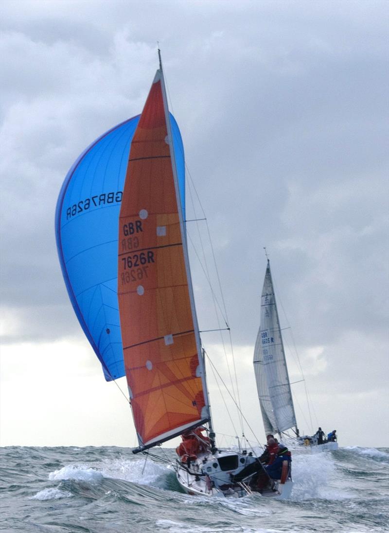 Crumpet, Darren Stower chasing Jewel, Jeff Chinn during the Rossborough Round the Island Race 2017 photo copyright Simon Ropert taken at Royal Channel Islands Yacht Club and featuring the IRC class