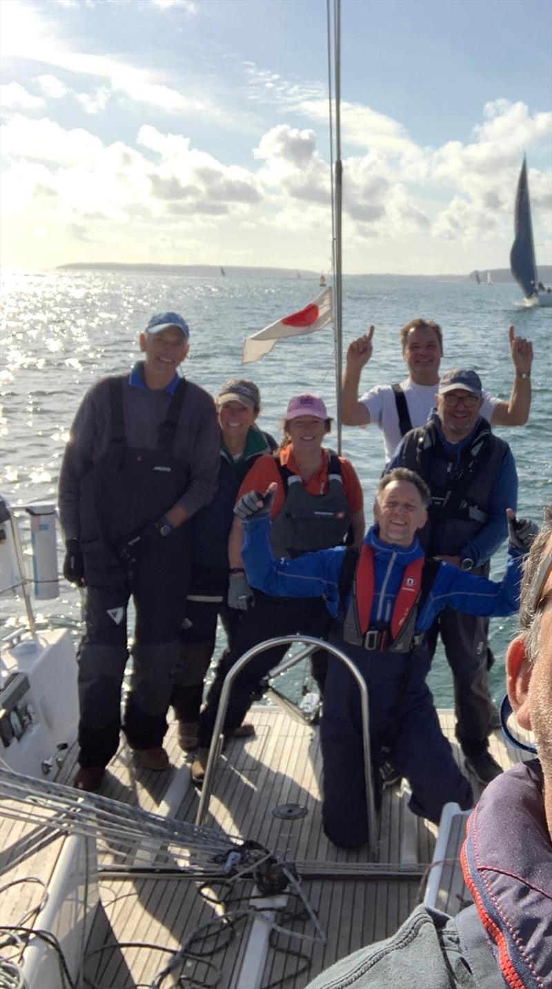Darling crew celebrating their first win of the series on Pwllheli Autumn Series Weekend 2 photo copyright Tracy Gibson taken at Pwllheli Sailing Club and featuring the IRC class