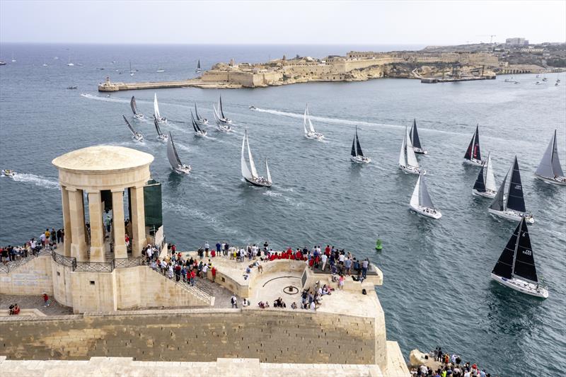 One of seven 2021 Rolex Middle Sea Race starts held in front of Valletta's Siege Bell War Memorial photo copyright Kurt Arrigo / Rolex taken at Royal Malta Yacht Club and featuring the IRC class