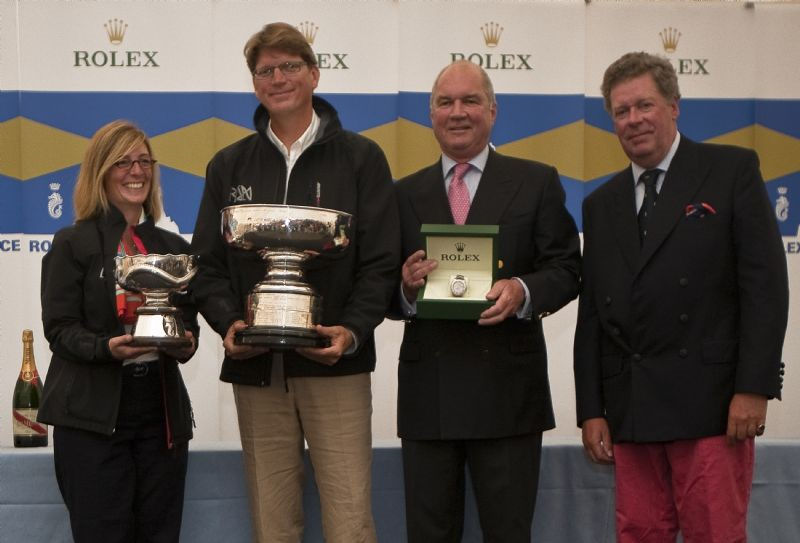 Niklas and Catherine Zennstrom, RAN, overall winner, Roger Maingot, Managing Director Rolex UK and Andrew McIrvine, RORC Commodore during the Rolex Fastnet prizegiving photo copyright Carlo Borlenghi / Rolex taken at  and featuring the IRC class