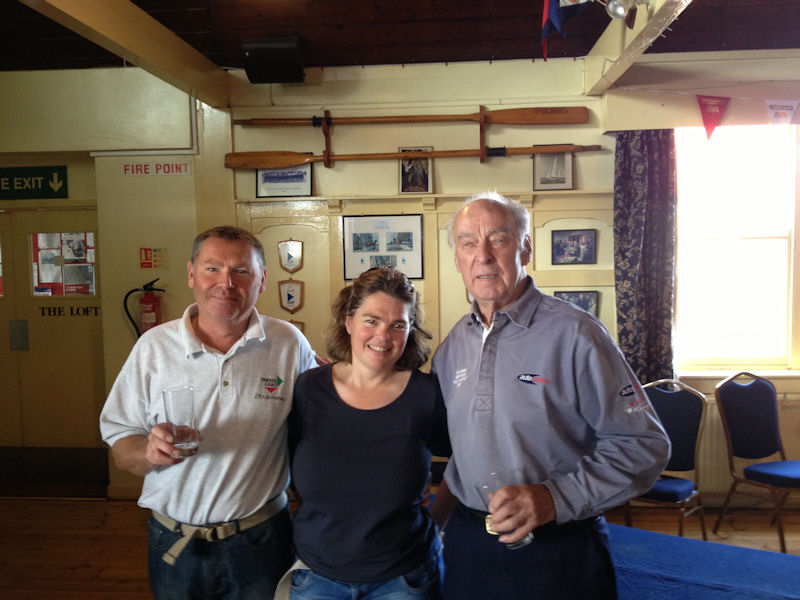 Duncan Haley from Double Trouble, Sally Harbott and Alan Bartlett from Inn Spirit at the Crouch Yacht Club Autumn Series day 1 prizegiving photo copyright Phillip Harbott taken at Crouch Yacht Club and featuring the IRC class