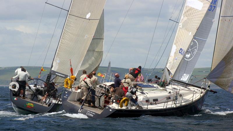 Conor Phelan's Ker 37 Jump Juice and Tom Roche's Salona 45 Meridian in close company on day two of the Sovereign's Cup 2013 photo copyright Peadar Murphy taken at Kinsale Yacht Club and featuring the IRC class
