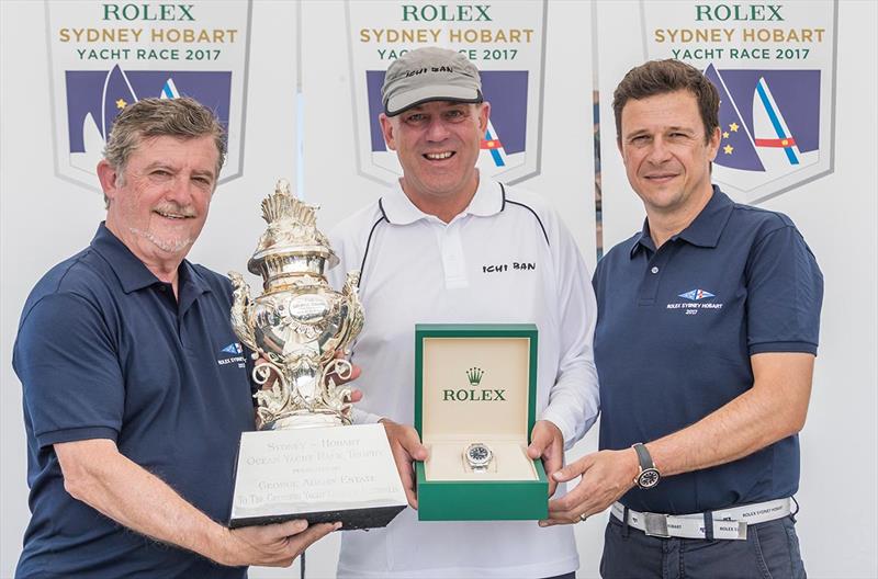 Overall winner Prizegiving John Markos (CYCA Commodore), Matt Allen (Ichi Ban) and Patrick Boutellier (Rolex Australia) - 2017 Rolex Sydney Hobart Yacht Race photo copyright ROLEX Studio Borlenghi taken at Cruising Yacht Club of Australia and featuring the IRC class