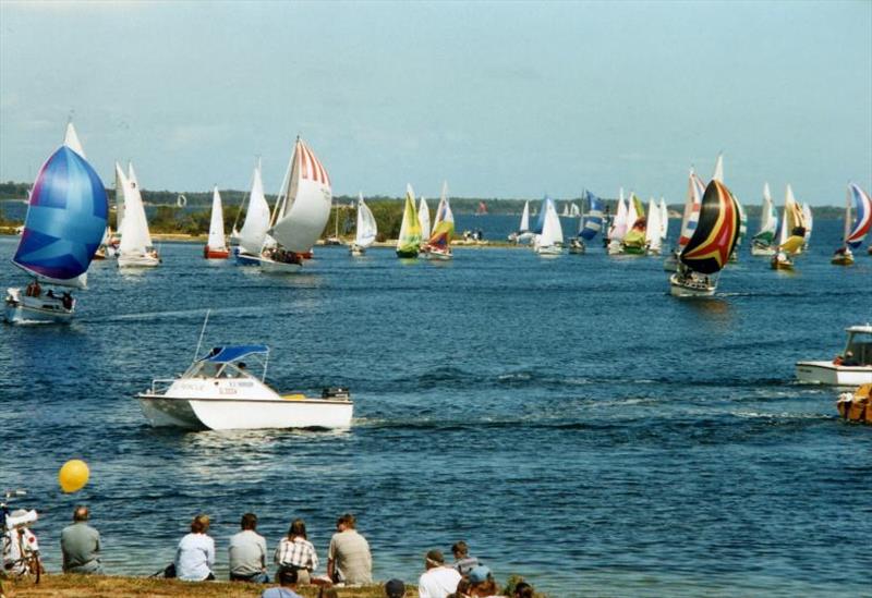 Yachts approaching the finish line in Paynesville under spinnaker photo copyright Lake Wellington Yacht Club taken at Lake Wellington Yacht Club and featuring the IRC class