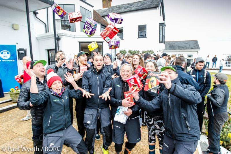 The crew of IRC One's Nifty celebrate their second place podium win in Easter style - photo © Paul Wyeth / RORC