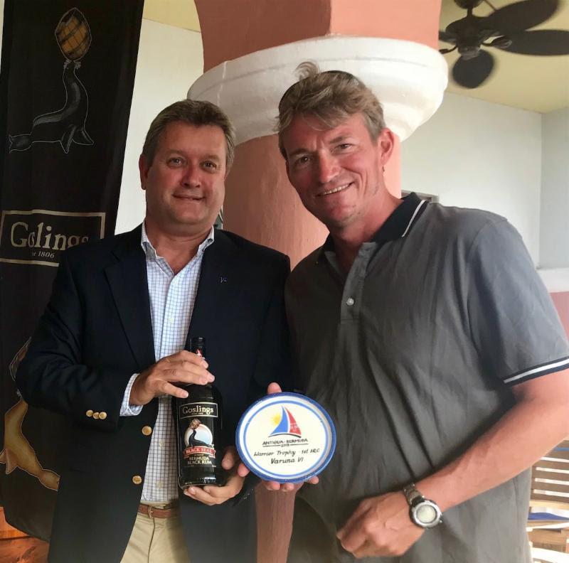 Royal Bermuda Yacht Club Commodore Jonathan Corless makes the presentation to the overall winner of the 2018 Antigua Bermuda Race - Varuna IV, Jens Kellinghusen's German Ker 56, Norddeutscher Regatta Verein photo copyright Louay Habib taken at Royal Bermuda Yacht Club and featuring the IRC class