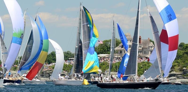 Spinnakers fly in a brisk northwesterly breeze with past winner Carina taking the lead position - Newport Bermuda Race - photo © Talbot Wilson / PPL