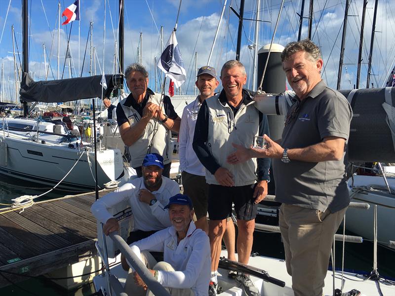 CYCA Commodore John Markos (right) presents Santana with their IRC div 3 trophy web size - 2018 PONANT Sydney Noumea Race photo copyright CYCA taken at Cruising Yacht Club of Australia and featuring the IRC class