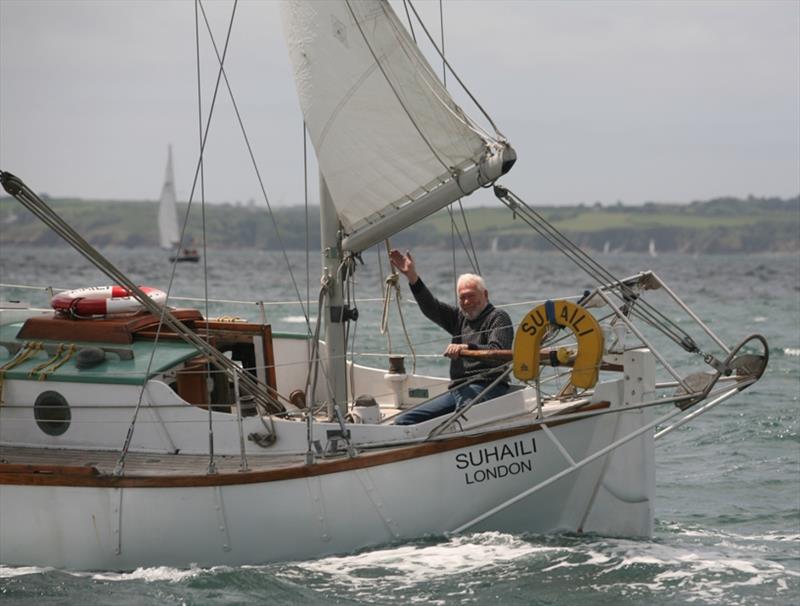 Sir Robin Knox-Johnston at the helm of his famous yacht Suhaili after the start of the GGR SITRaN Challenge Race to Les Sables d'Olonne France - photo © Bill Rowntree / PPL / GGR