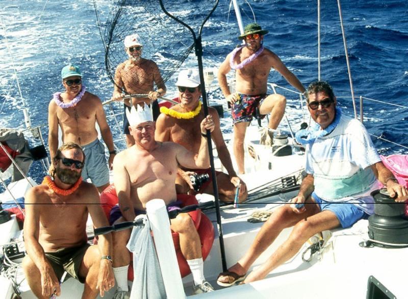 Fred Kirschner (far right) and crew enjoying their equator crossing on Kathmandu in TPYC's 1994 LA-Tahiti Race photo copyright Tom Fisher taken at Transpacific Yacht Club and featuring the IRC class