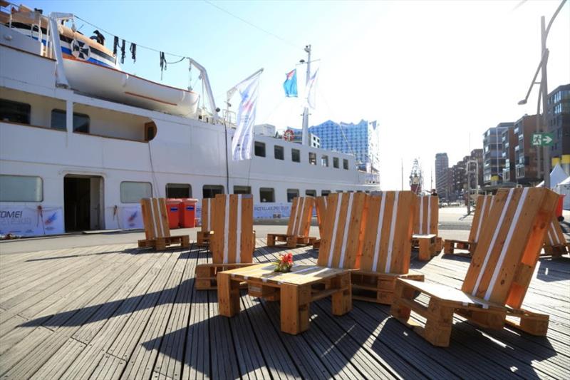 AAR Race Village Lounge in front of Race Club Ship Seute Deern and the iconic Elbphilharmonie in Hamburg - Bermuda Hamburg Race of the Atlantic Anniversary Regatta 2018 - photo © Michael Meyer / AAR