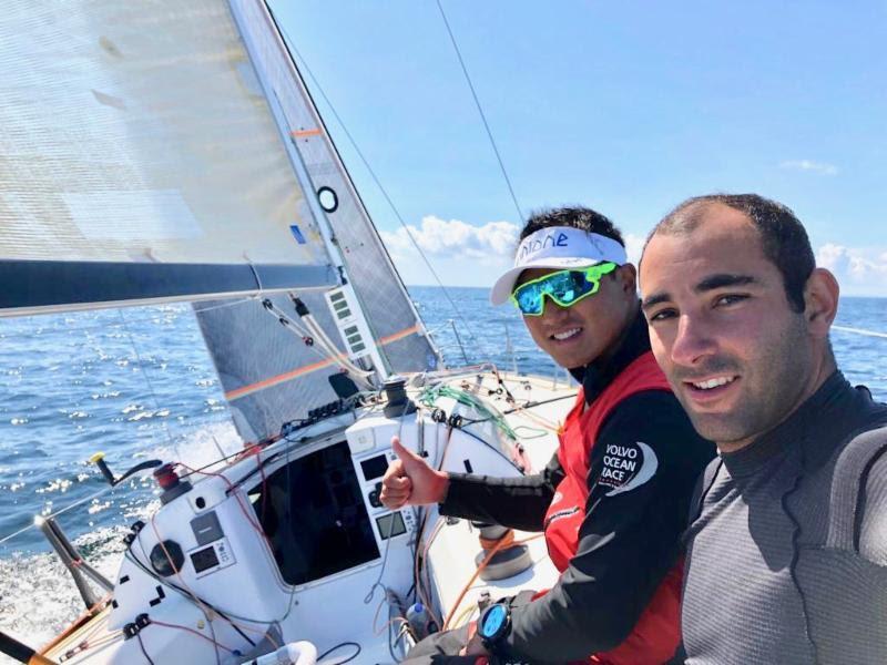A selfie from the race course: The Chinese/French duo are competing in IRC Two Handed in the smallest boat in the fleet. Benjamin Schwartz and Chen Jin Hao on Figaro El Velosolex SL Energies Group - photo © El Velosolex
