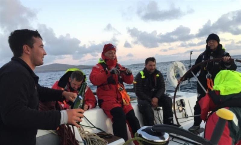 Celebrations on board Arthur Logic after rounding Muckle Flugga in the Sevenstar Round Britain and Ireland Race - photo © Arthur Logic