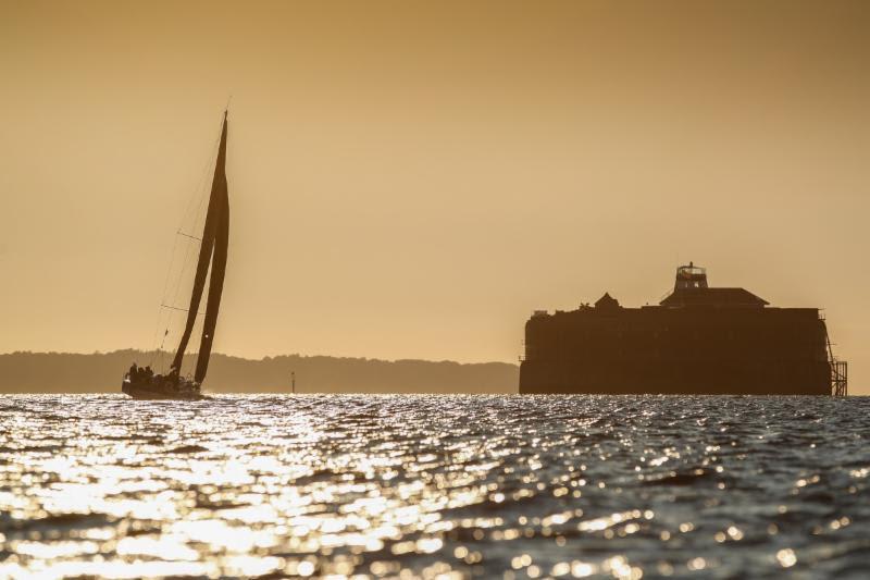Giles Redpath's Lombard 46 makes her way up the Solent, passing the historic No Man's Land Fort en route to the finish - photo © Paul Wyeth / RORC