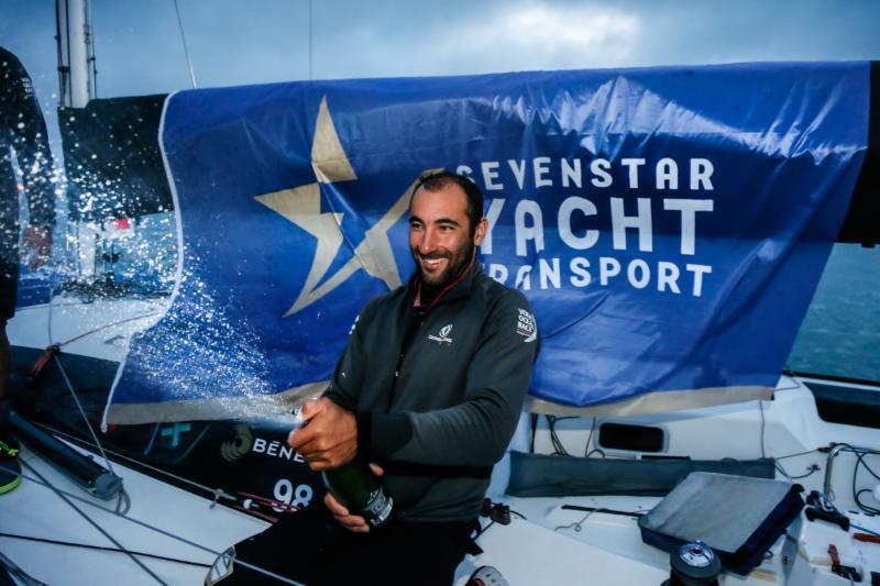 Champagne celebrations dockside as the sun rises in Cowes after Figaro 2 El Velosolex SL Energies Group's two handed success in the Sevenstar Round Britain and Ireland Race photo copyright Paul Wyeth / RORC taken at Royal Ocean Racing Club and featuring the IRC class