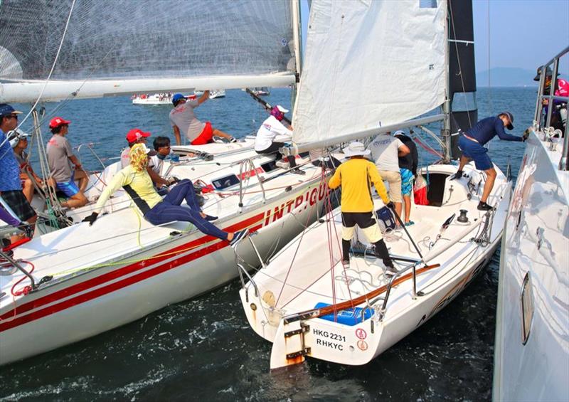 May 13 squashed between committee vessel and Intrigue plus – UK Sailmakers Typhoon Series , Race 9 photo copyright Fragrant Harbour taken at Hebe Haven Yacht Club and featuring the IRC class