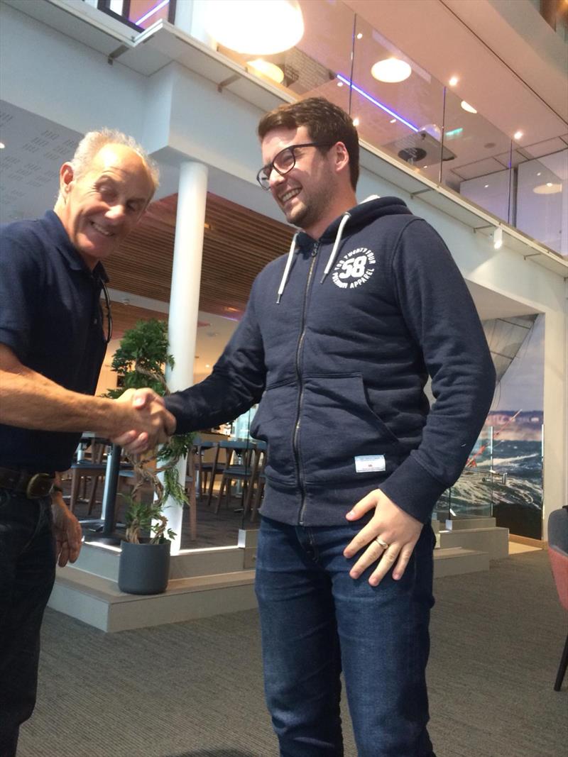 Scott Sealey, helm on MS Amlin QT, receives congratulations from the PYRA Captain, having dominated Class Three photo copyright Mike Fox taken at Poole Yacht Racing Association and featuring the IRC class