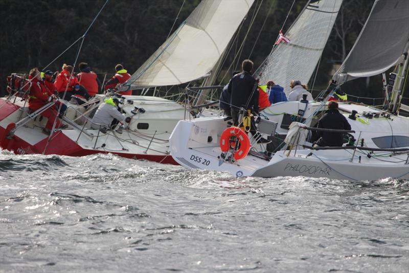 Redback and Philosopher racing boat for boat on the Huon River photo copyright Peter Campbell taken at Derwent Sailing Squadron and featuring the IRC class