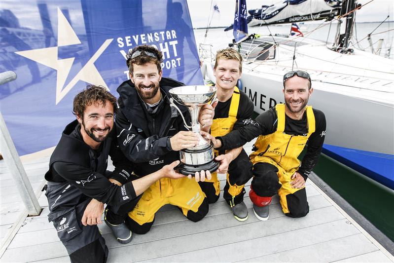 From left Julien Pulvé, Phil Sharp, Sam Matson and Pablo Santurdé at the finish of the Sevenstar Round Britain and Ireland race  photo copyright Paul Wyeth / RORC taken at  and featuring the IRC class