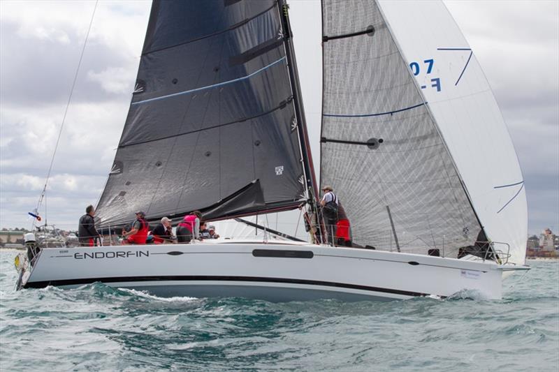 Endorfin rounds the first mark in last place after a delay in leaving her marina berth photo copyright Bernie Kaaks taken at South of Perth Yacht Club and featuring the IRC class