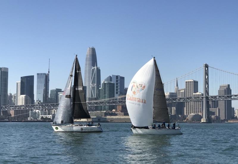 Eclipse and Squirrel race along the San Francisco waterfront in the Red Bra Regatta sponsored by Taiwan - photo © Kara Hugglestone / Sail Couture