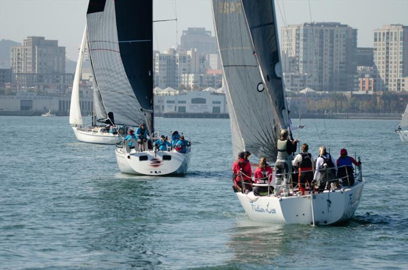 The ladies have a ball showing off their red bras before and after the race, but it's all business once the warning gun goes off - 2018 Red Bra Regatta photo copyright Eugene Hu taken at South Beach Yacht Club and featuring the IRC class