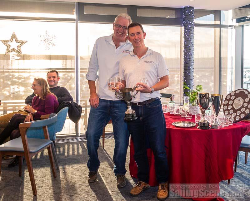 Ian Braham accepts the Class 1 trophy for MS Amlin Enigma (with Parkstone commodore Rob Jarratt) at the Poole Cruiser Winter Series prizegiving photo copyright David Harding / www.sailingscenes.co.uk taken at Parkstone Yacht Club and featuring the IRC class