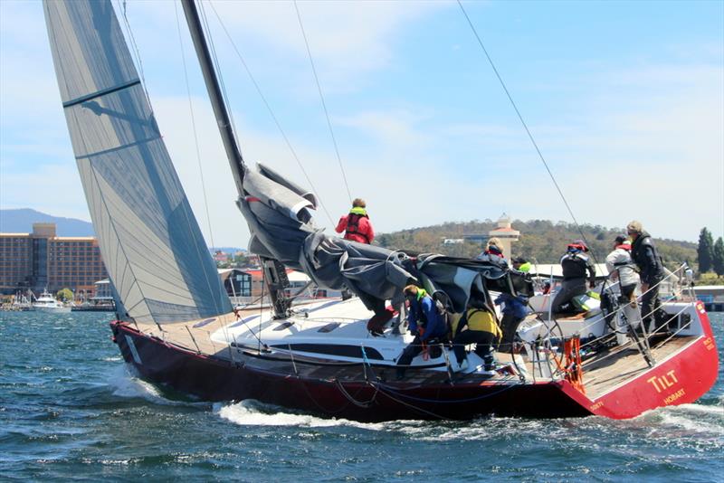 Tilt sailing up the River Derwent to finish the L2H under jib alone - 2018 Launceston to Hobart Race photo copyright Peter Watson taken at Derwent Sailing Squadron and featuring the IRC class