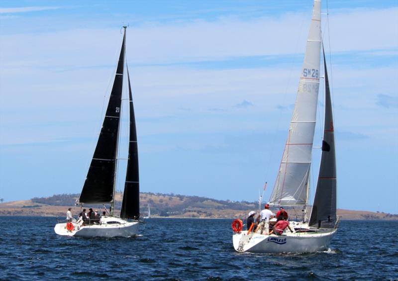 King of the Derwent winner, Lawless, and another yacht pace it out to windward in light airs - photo © Peter Watson