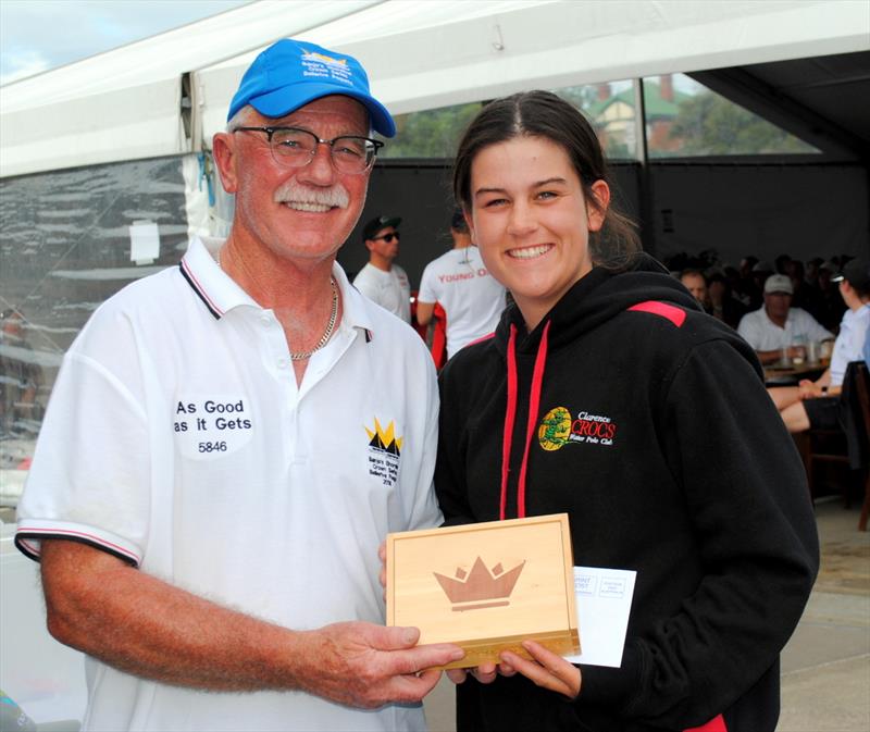 Bellerive Yacht Club Vice Commodore Ian Marshall presents the Bellerive Regatta Association Trophy to Amy Potter at the regatta prizegiving photo copyright Peter Campbell taken at  and featuring the IRC class