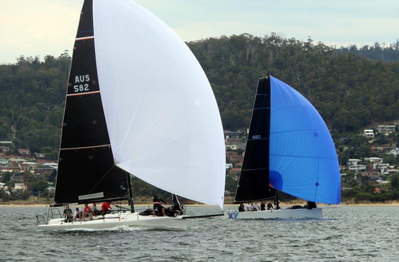 Assagai and X&Y duelling downwind on the Derwent - 2019 Combine Clubs Inshore Series - photo © Peter Watson