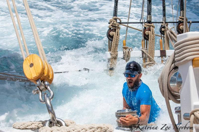 The crew of 32 had a wet ride on 141' schooner Columbia today - Antigua Classic Yacht Regatta - photo © Katrina Zoe Norbom