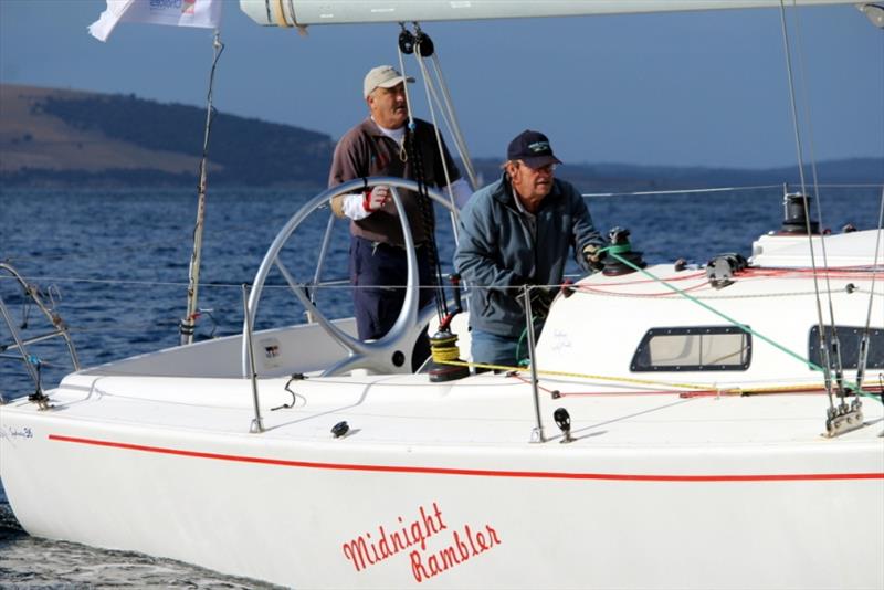 Sydney Hobart race veteran Ed Psaltis and Graham McKibben aboard Division 3 (non-spinnaker, two-handed) on the Derwent today photo copyright Peter Watson taken at Derwent Sailing Squadron and featuring the IRC class