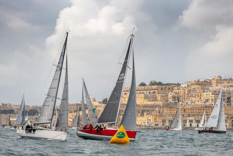 Solenn (L) at the start of the 2018 Rolex Middle Sea Race photo copyright Rolex / Kurt Arrig taken at Royal Malta Yacht Club and featuring the IRC class