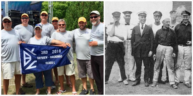 Left: Avatar crew for 2018 and 2019 – (l to r) Andrew Morlan, Gregg Anderson, Meggan Pope, Jim Vogler, Pete Crosby, Eric Steck, Daniele Littera, Andrew Moeller. Right: Suez crew from first race in 1925 photo copyright Andrew Morlan and Bayview Yacht Club taken at Bayview Yacht Club and featuring the IRC class