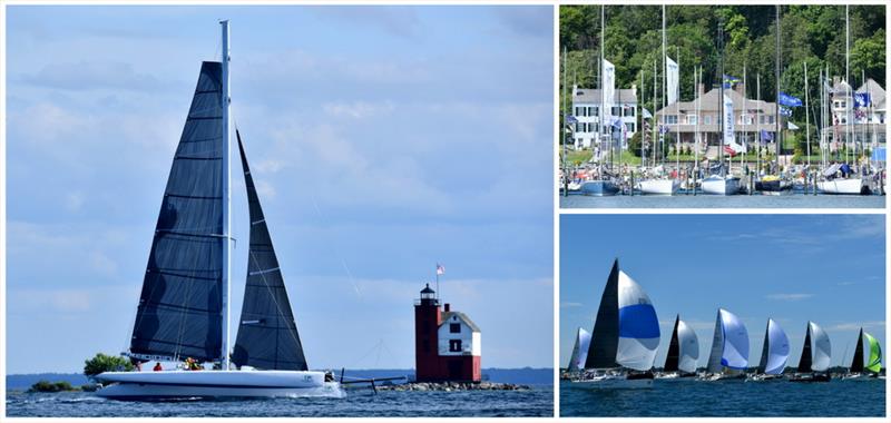 Clockwise from left: Earth Voyager, winner of Division III for Multihulls, at the finish line; Division I winner Stripes at rest with fleet on Mackinac Island; class start on Lake Huron - Bell's Beer Bayview Mackinac Race 2019 photo copyright Martin Chumiecki / Bayview Yacht Club taken at Bayview Yacht Club and featuring the IRC class