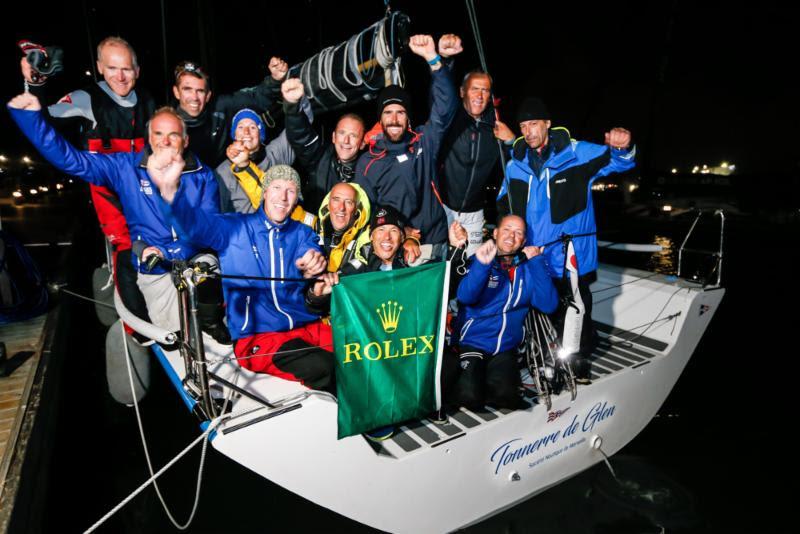 The crew on Tonnerre de Glen celebrate dockside in Plymouth Yacht Haven - Rolex Fastnet Race 2019 - photo © Paul Wyeth / RORC