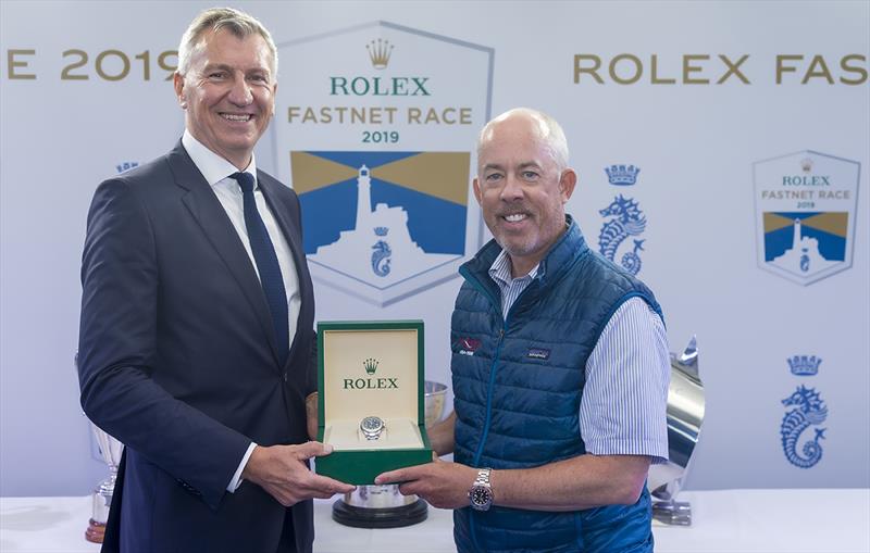 Prizegiving Wizard, Sail no: USA70000, Class: IRC Zero, Owner: David and Peter Askew, Sailed by: Charlie Enright - Rolex Fastnet Race 2019 - photo © Carlo Borlenghi