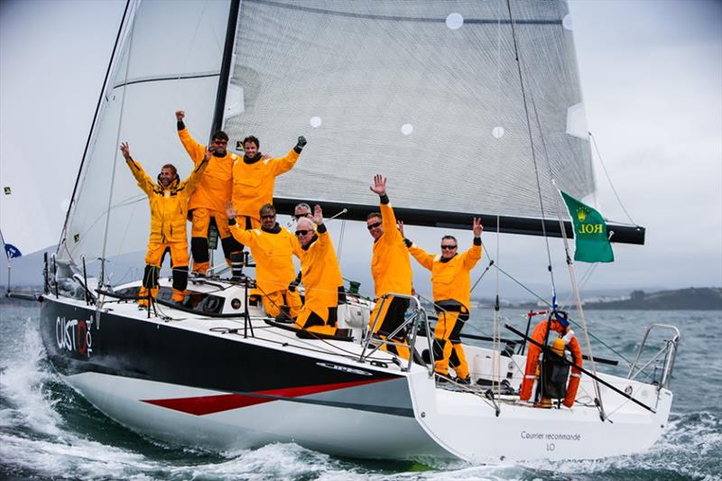 The crew of Courrier Recommandé in the Rolex Fastnet Race 2019: François Lamiot, Franck Le Gal, Eric Sendra, Antoine Carpentier, Julien Villion, Arnaud Aubry, Pierre Ghewy and Géry Trentesaux photo copyright Paul Wyeth taken at Royal Ocean Racing Club and featuring the IRC class