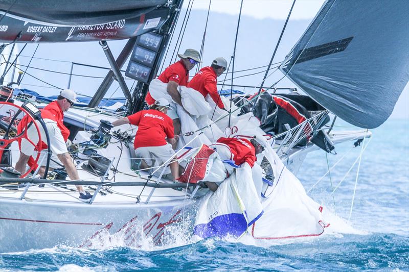 Wild Oats X crew clean up after a quick sail change as a wind shift hits - Day 2 - Hamilton Island Race Week, August 19, photo copyright Richard Gladwell taken at Hamilton Island Yacht Club and featuring the IRC class
