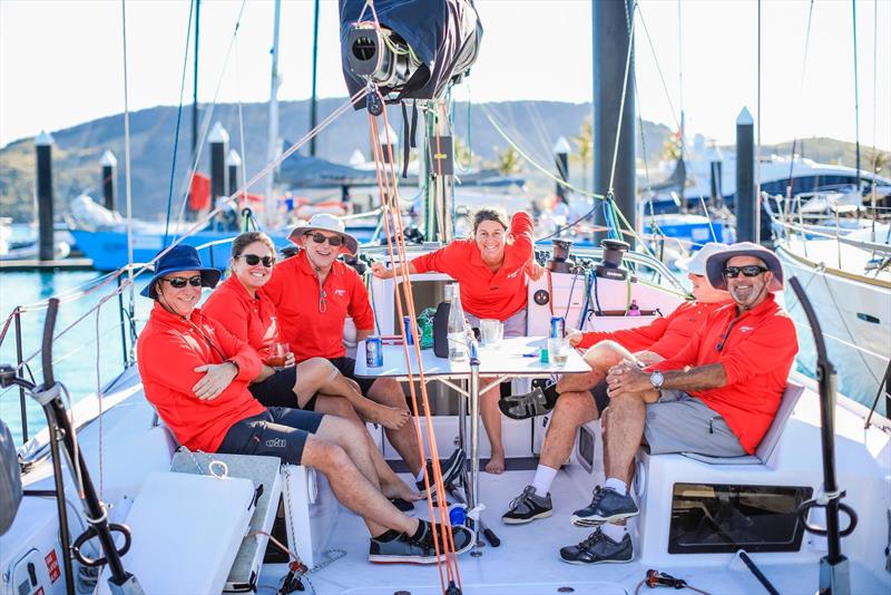 An on-board debrief/celebration/drowning of sorrows - post race for one of the rcaing/cruising divisions - Hamilton Island race Week 2019 photo copyright Craig Greenhill / www.saltydingo.com.au taken at Hamilton Island Yacht Club and featuring the IRC class