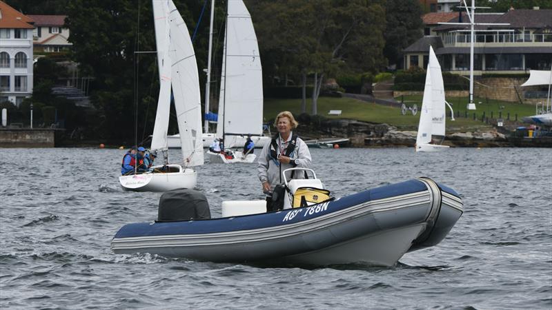 Karyn Gojnich out on the water coaching at the inaugural LOTS - Ladies of the Sea, with the clubhouse of the host, Royal Sydney Yacht Squadron in the background photo copyright Marg Fraser-Martin taken at Royal Sydney Yacht Squadron and featuring the IRC class