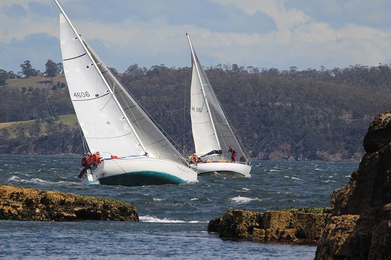 Miss Conduct (Brian Fleming) hot on the heels of Astrolabe (Peter Bosworth) - Combined Clubs Summer Pennant Series  photo copyright Peter Watson taken at Derwent Sailing Squadron and featuring the IRC class