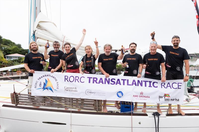 Team Kali - happy to finish their second RORC Transatlantic Race in Grenada after an 18 day crossing photo copyright RORC / Arthur Daniel taken at Royal Ocean Racing Club and featuring the IRC class