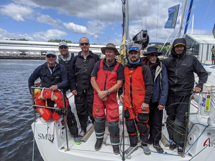 The crew of Archie, provisional winners of the ORCV Melbourne to Hobart Yacht Race photo copyright ORCV Media taken at Ocean Racing Club of Victoria and featuring the IRC class