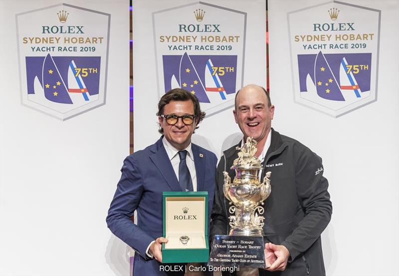 Patrick Boutellier, General Manager - Rolex Australia with Matt Allen of Ichi Ban fame and the spoils of his success in the 2019 Rolex Sydney Hobart Yacht Race photo copyright Carlo Borlenghi / Rolex taken at Cruising Yacht Club of Australia and featuring the IRC class