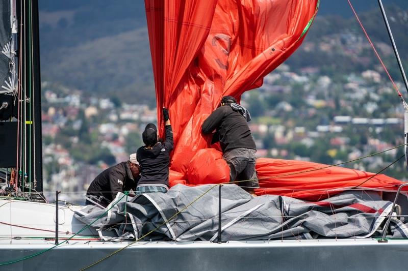 Chutzpah crew haul the kite in - 2020 Australian Yachting Championships, day 1 photo copyright Beau Outteridge taken at Royal Yacht Club of Tasmania and featuring the IRC class