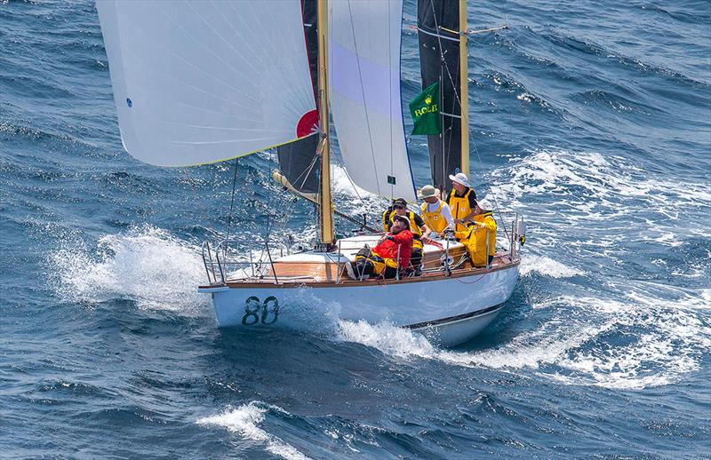 The tiny ketch, Katwinchar, heads south from Sydney soon after the start of the Rolex Sydney Hobart race in December. It may well make an appearance at Hamilton Island Race Week photo copyright Crosbie Lorimer – Bow Caddy Media taken at Hamilton Island Yacht Club and featuring the IRC class