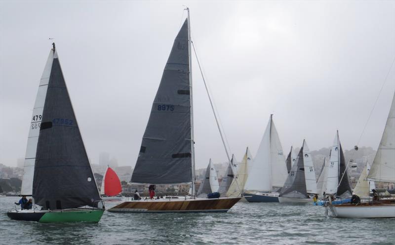 A mob of Moore 24s rolls over Latitude 38 head honcho John Arndt (sail number 142) while Lois Lane awaits her start - 2020 Three Bridge Fiasco  photo copyright Susan Burden taken at Golden Gate Yacht Club and featuring the IRC class