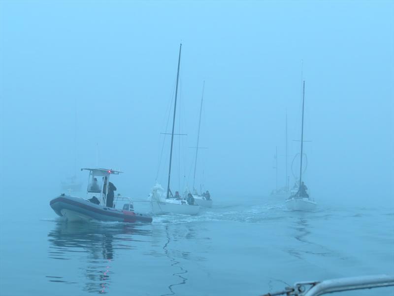 The Three Bridge Fiasco begins with an early-morning tow for these Richmond sailors photo copyright Susan Burden taken at Golden Gate Yacht Club and featuring the IRC class